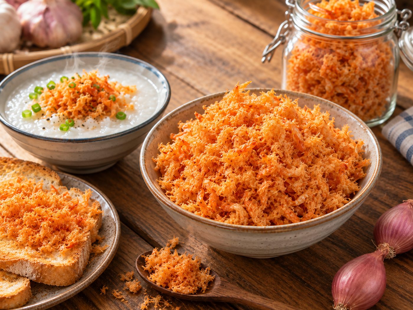Chà bông tôm khô (tôm cháy) ăn kèm cháo trắng và bánh mì