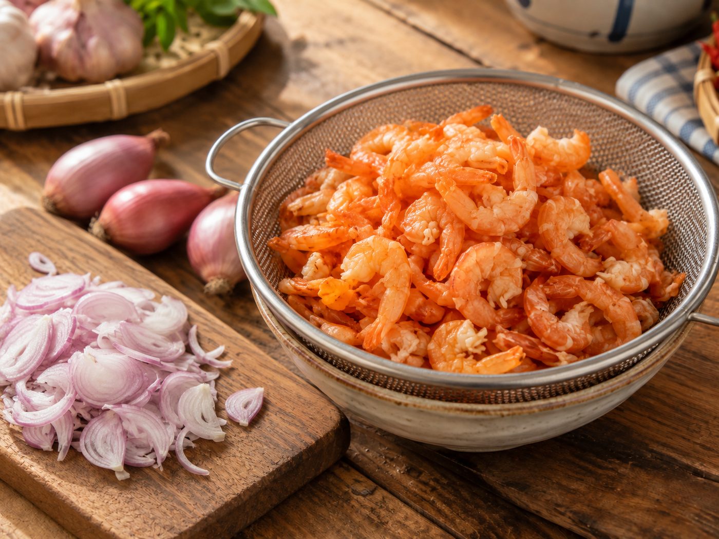 Tôm để ráo nước và hành tím thái mỏng