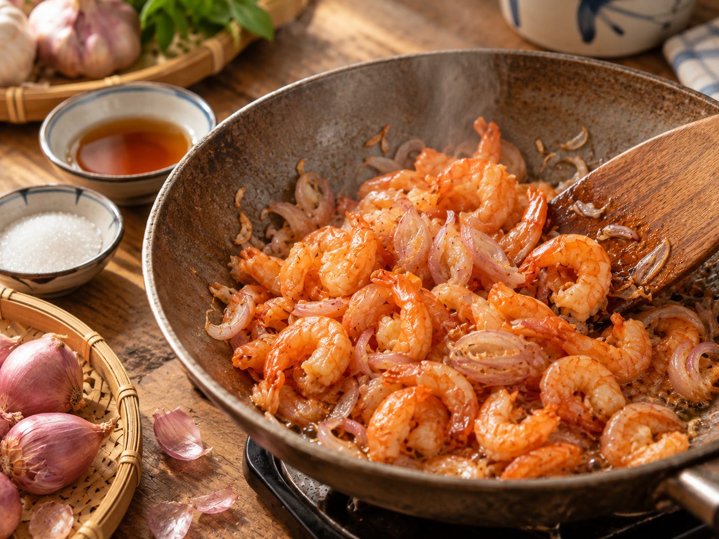 Xào tôm khô với hành phi trên chảo